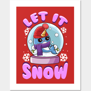 Let It Snow Narwhal Snow Globe Christmas Posters and Art